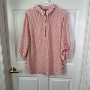 Chico’s Striped Peach and White Long Roll Up Sleeve Button Up Blouse Size 2